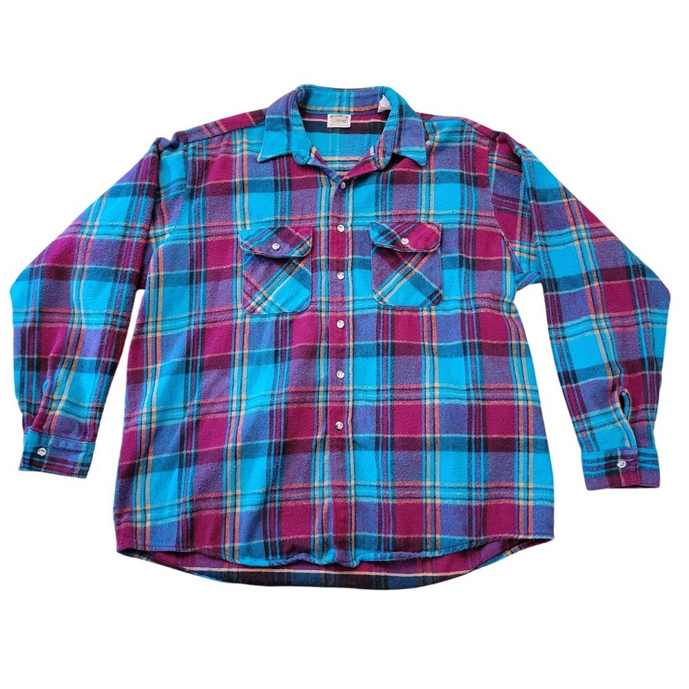 Vintage‎ Five Brother Tallman 2XL Blue Plaid Flannel Shirt USA Shacket